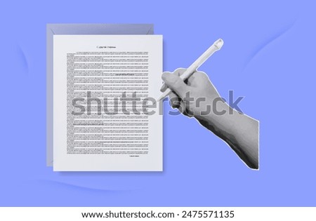 Application form. Filling out, completing, signing documents. A woman's hand registers contract, agreement. Paper page. Form with signature, paperwork, tax, financial report, pen. Contemporary collage
