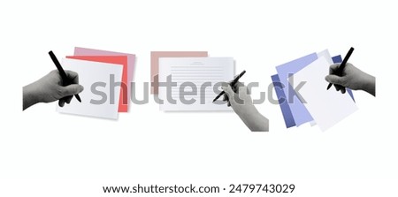 Paper letter. A woman's hand fills out a document, a list, a page, writes a message. Send an envelope with a letter or document by email.  Planning, journaling, notes. Contemporary art collage. Vector