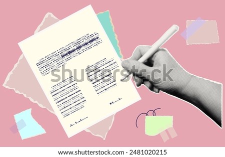 Policy, tax form, list with the law. Signing the document. Filling out a contract, report. A woman's hand writes with a pen on a paper page. Business agreement in halftone style. Contemporary collage 