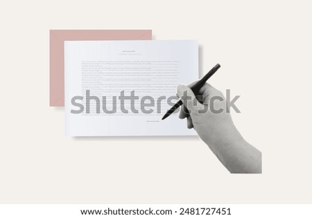 Filling out a paper business document. A woman's hand registers statements. Page of a blank sheet of paper with an envelope, pen. Signing, paperwork, tax, financial report. Contemporary collage art.