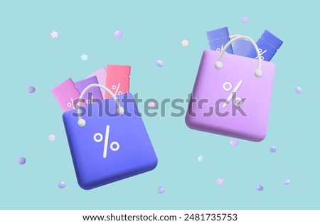 Flying bag with coupons. Delivery of promotional offer, low interest rates. Vouchers with profitable bonuses, gift coupons in a shopping bag. Online shipping, sale with discounts. Low interest. Vector