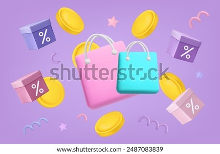 Shipping bag with flying gold coins. Delivery of promotional offer, low interest. Voucher with profitable bonuses, gift box, shopping bag. Online shipping, sale with discounts. Low interest. Vector 3d