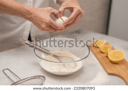 Similar – Image, Stock Photo flour in a bowl and an egg on a white kitchen table