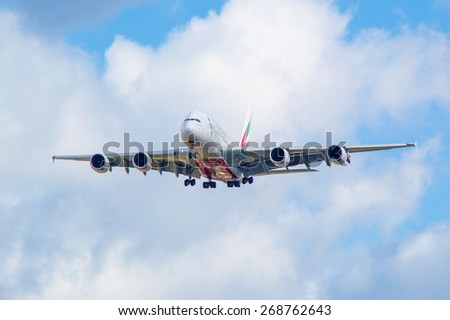 MANCHESTER, UNITED KINGDOM - APRIL 11, 2015: Airbus A380 Emirates on approach to Manchester airport on April 11, 2015.