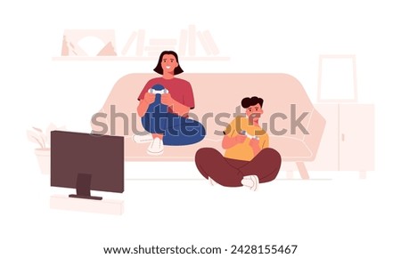 Happy people with joysticks in their hands playing video games at home. Vector illustration in flat style