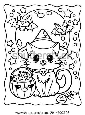 Coloring book for children. Coloring book for adults. Magic cat in a witch's hat. Witch. Witch cat. Magic. Halloween.