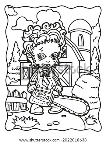 Coloring book for children. 
Leatherface with a chainsaw on the farm. Coloring book for adults. Halloween. Coloring book for Halloween. Cute horror movies.