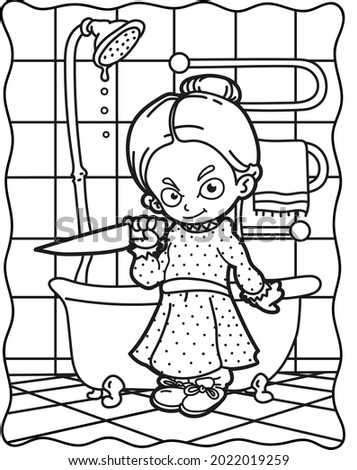 Coloring book for children. Creepy girl with a knife in the bathroom. Coloring book for adults. Halloween. Coloring book for Halloween. Cute horror movies.