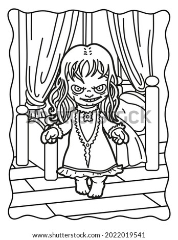 Coloring book for children. Creepy girl in the bedroom. Coloring book for adults. Halloween. Coloring book for Halloween. Cute horror movies.