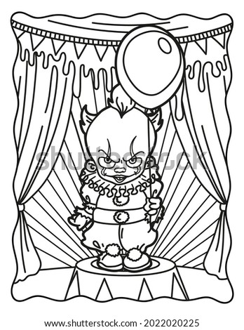 
Clown with a balloon in the circus. Coloring book for children. Coloring book for adults. Halloween. Coloring book for Halloween. Cute horror movies.