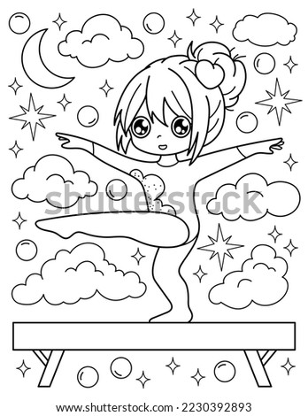 The girl is balancing on the gymnastic bench. Coloring book with a girl gymnast. Sport. Black and white vector illustration.