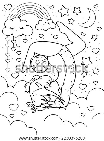Girl gymnast with a ball. Coloring book with a girl gymnast. Sport. Black and white vector illustration.