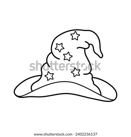 Hat with stars. Wizard's hat. Magician. Icon, coloring page, black and white vector illustration.