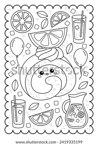 Cake roll. Citrus roll. Kawaii characters. Sweets, dessert. Cute coloring page for kids and adults, black and white vector illustration.