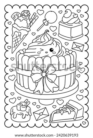 Tiramisu cake with cream, bow, cakes. Kawaii characters. Sweets, dessert. Cute coloring page for kids and adults, black and white vector illustration.