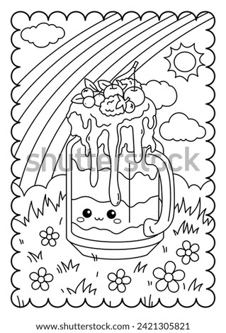 Fruit ice cream in a jar, dessert, berries. Kawaii characters. Sweets, dessert. Cute coloring page for kids and adults, black and white vector illustration.