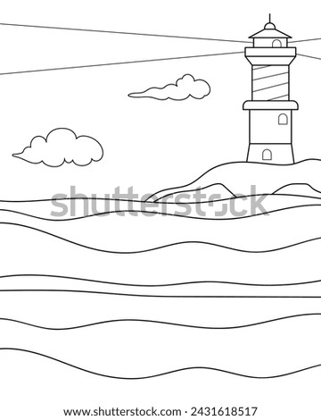 Lighthouse light on the beach. Coloring page, black and white vector illustration.