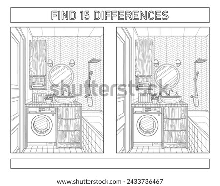 Find 15 differences. The interior of the bathroom. Coloring book for adults. Black and white vector illustration.