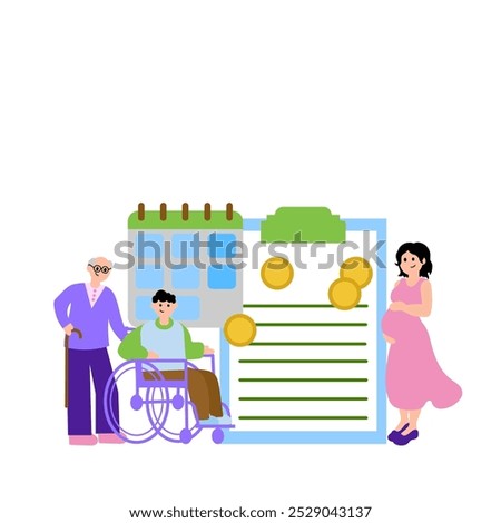 Social security payment, pregnant woman, old man and handicap man. Simple color vector illustration.