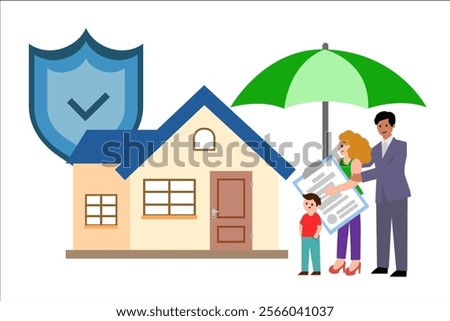 House insurance. Family, house and representative of the insurance company. Vector simple color flat illustration.