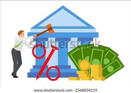 Prime rate. Red percent and nail. Man drives a nail with a hammer. Bank building, bills and coins. Vector simple color flat illustration.