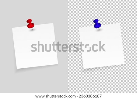 Realistic blank sheet of paper in with red push pins on transparent background. Notebook page, document. Design templates or mockups. Vector illustration.2 set