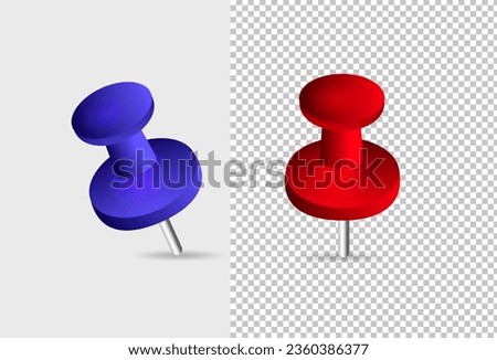 A collection of various red and blue push pins. Thumbtacks. Top view. Vector illustration.