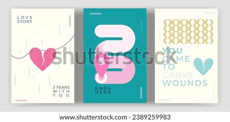 Abstract poster. in a relationship with someone for 3 years. ended in disappointment. cracked heart symbol. rope. road. location. soft color. 3 set collection. vector illustration