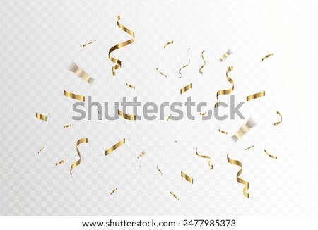 Confetti explosion on transparent background. Pieces of shiny gold paper flying and spreading. rotating ,colorful gold, ,simple design eps 10