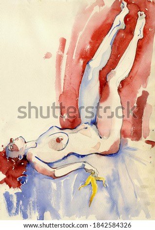 Girl with a banana. Bright expressive watercolor. The red-haired naked  girl lies on her back, her legs thrown against the wall with a red drapery, with a banana peel in her hand.