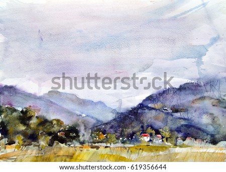 Before the rain. Beautiful landscape painting with mountains, trees and a small house under a picturesque sky in a cloudy nebulous day. Paint splashes and bright colors. Sketch etude style.
