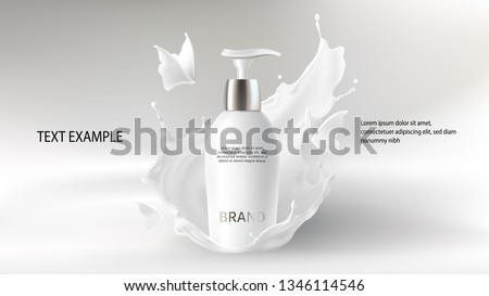 Cosmetic realistic vector background with cream. Skin care cosmetics, body lotion in white bottle with silver dispenser in milk splash, crown with flying butterfly. Mock-up promo banner, poster