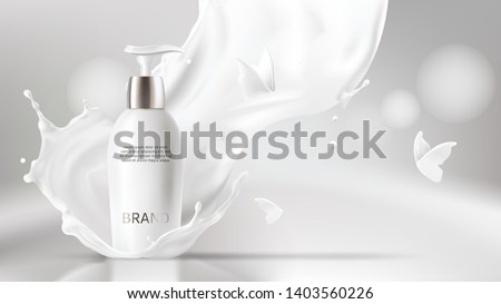 Milk cosmetics realistic vector blurred background. Skin care cosmetic product, body lotion in white bottle with silver dispenser in milk splash, crown with flying butterflies Mock-up promo poster