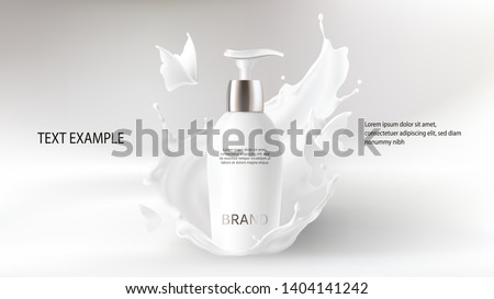 Milk cosmetics realistic vector blurred background. Skin care cosmetic product, body lotion in white bottle with silver dispenser in milk splash, crown with flying butterflies Mock-up promo poster