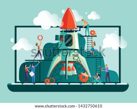 Business start up concept vector illustration. Open laptop, rocket and team work on control, on setting up and final preparation for launch. Spaceship launching is metaphor for new project beginning