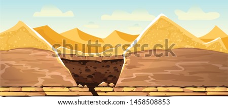 Desert landscape with golden sand dunes and dug pit in soil, cartoon vector illustration. Archeological excavations, treasures hunting concept. Empty space