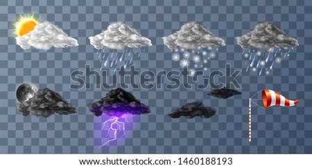 Weather meteo icons realistic set vector illustration. Realistic elements for weather forecast, sun, moon, clouds with snow and rain, thunderstorm with lightning isolated on transparent background