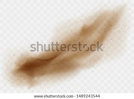 Brown dusty cloud or dry sand flying with a gust of wind, sandstorm, realistic texture with small particles or grains of sand vector illustration isolated on transparent background