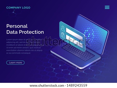 Protecting personal data concept, internet account security guarantee isometric vector. Frame with login and password in front of open laptop screen on blue honeycomb background, landing web site page