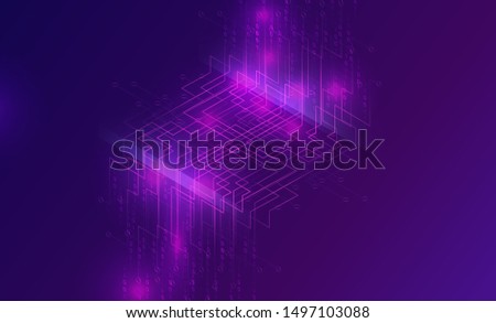 Big data waterfall or cascade, digital binary code data flow analysis visualization, isometric vector illustration. Ultraviolet horizontal banner with streams of numbers, abstract purple background