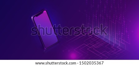 Mobile document manager business concept vector isometric illustration. Smartphone on purple ultraviolet background with information waterfall or big data stream, vertical banner or landing webpage