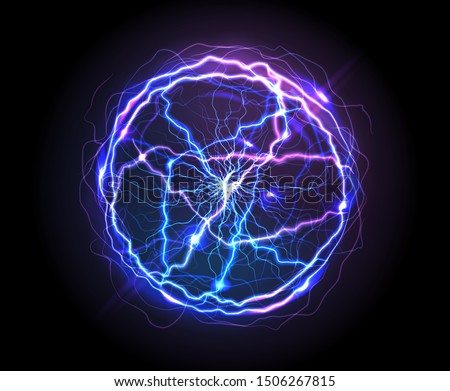 Electric ball or plasma sphere, realistic vector illustration. Abstractt ball lightning with burning rays or powerful electric discharges isolated on black background. Magical energy design element