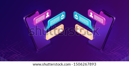 Chat bot or mobile chatting, isometric concept vector illustration. Dialog sms icons or text bubbles on screens of two smartphones facing each other, isolated on purple, ultraviolet background