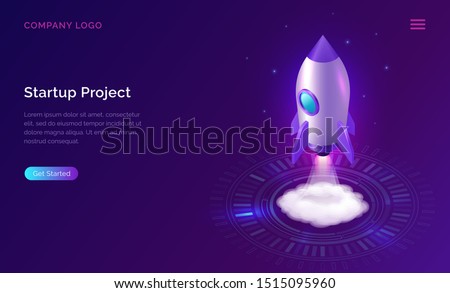 Business start up isometric concept vector illustration. Rocket taking off with fire and smoke over neon glowing circle on ultraviolet background. Spaceship launching purple web page