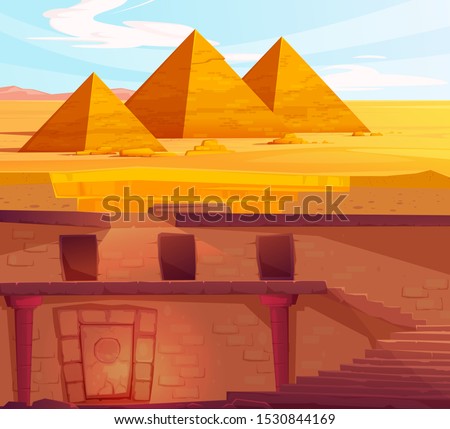 Ancient Egypth, lost looted tomb of pharaoh or abandoned temple interior, underground cartoon vector. Archeological excavations, treasures hunting concept. Desert, dug sand and sunbeam in empty crypt