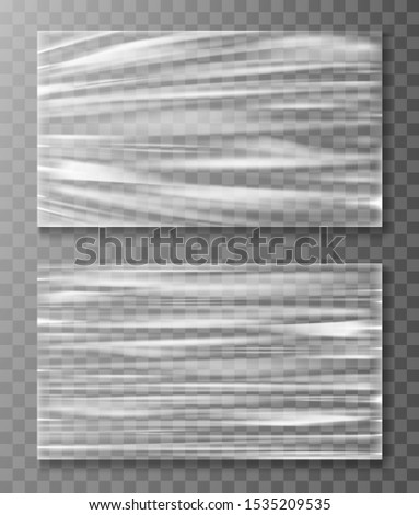 Stretched cellophane banner, realistic crumpled or folded texture vector illustration. Clear transparent polyethylene top of plastic container, tape or elastic wrapping paper for food or snacks bag