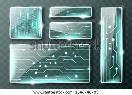 Glass technology micro circuit banners, realistic vector set. Transparent glass boards with metal paths and chrome frames, Rectangular glossy plates with glow and reflections, isolated illustrations