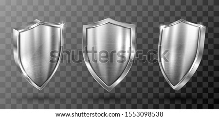 Metal shield with frame realistic vector illustration. Blank silver steel metallic panel with reflection glow, award trophy or certificate template, front side view isolated on transparent background