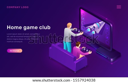 Home game club isometric concept vector illustration. 3D icon console, station for video games and two men players with joysticks in their hands, leisure home interior isolated on purple web banner.