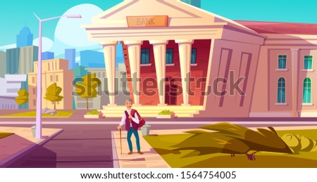 Pension fund, bank saving money cartoon vector concept. Happy senior man with savings, big bag with dollar sign walking along city street. Retirement care investment, pensioner insurance banner